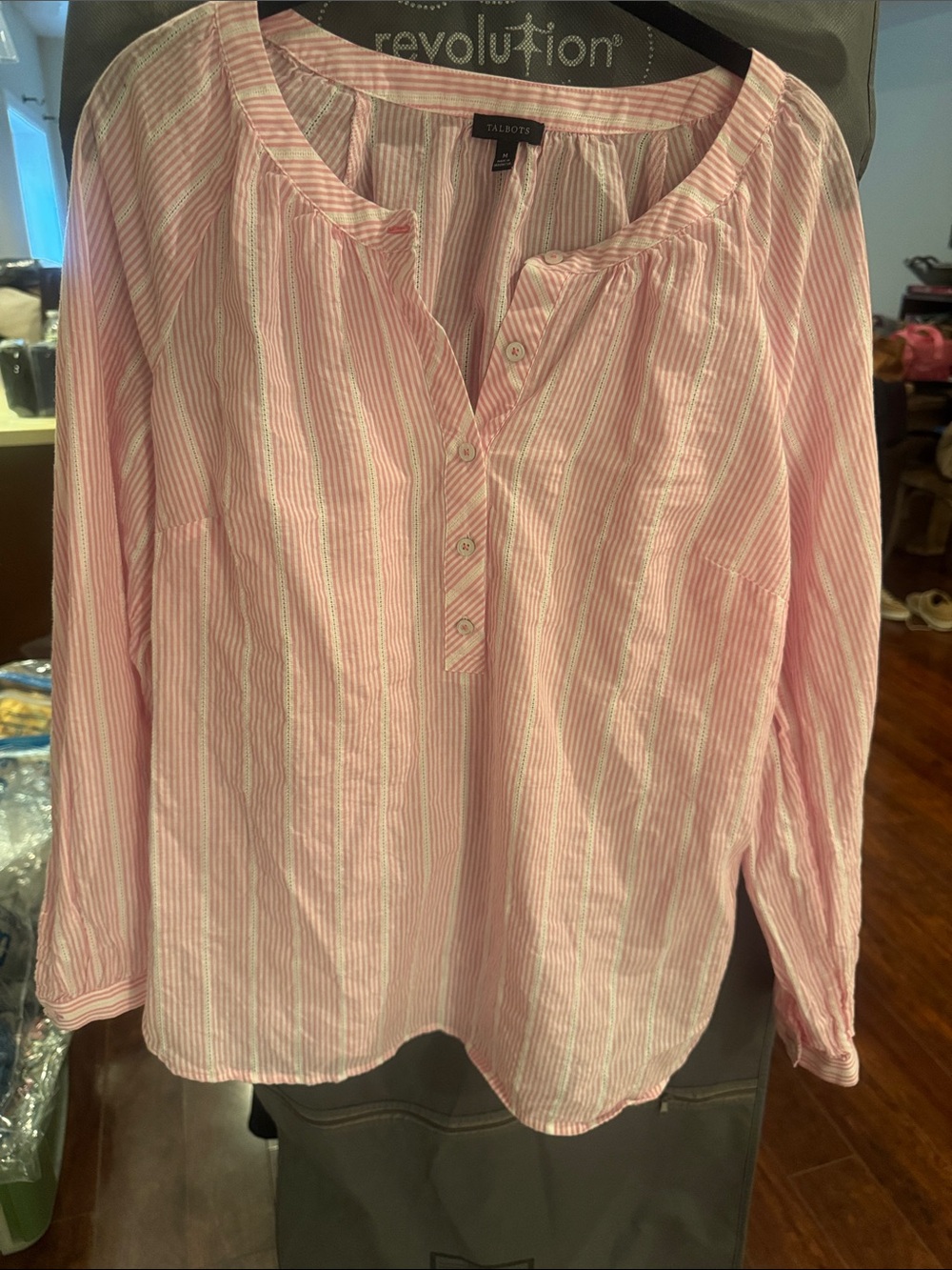 Talbots Pink and White Striped Henley Blouse